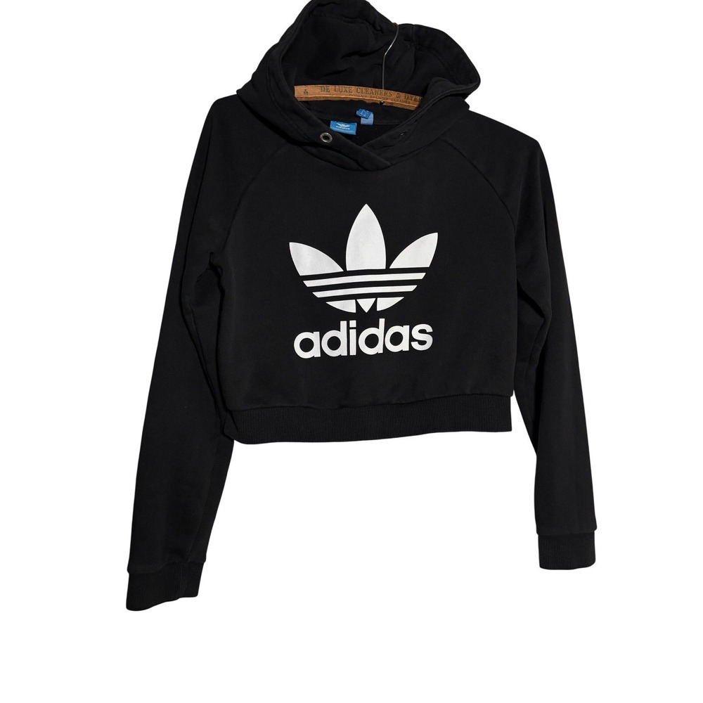 Adidas Originals Womens XS Black Cropped Trefoil Logo Hoodie Sweatshirt Active